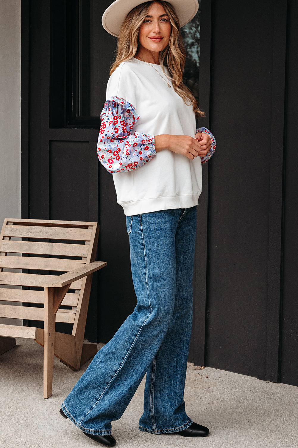 Threaded Pear Isabel Floral Ruffled Balloon Sleeve Loose Blouse