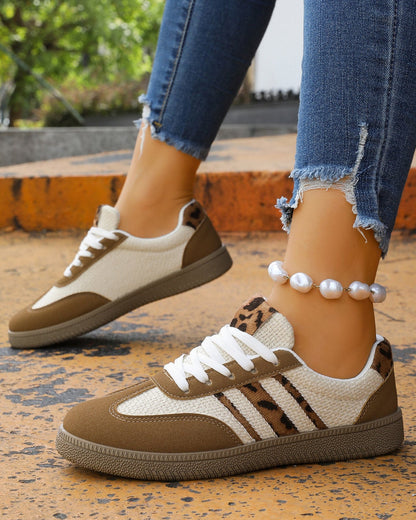 Coffee Color Block Leopard Patchwork Lace-up Sneaker