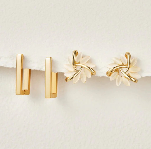 Luxury Cat’s Eye Flower Earrings | High-Sense Opal Geometric Studs | Square & Triangle Iridescent Jewelry | Elegant Floral Opal Earrings for Women