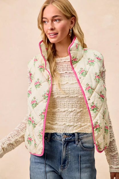 BiBi Floral Print Piping Detail Quilted Vest