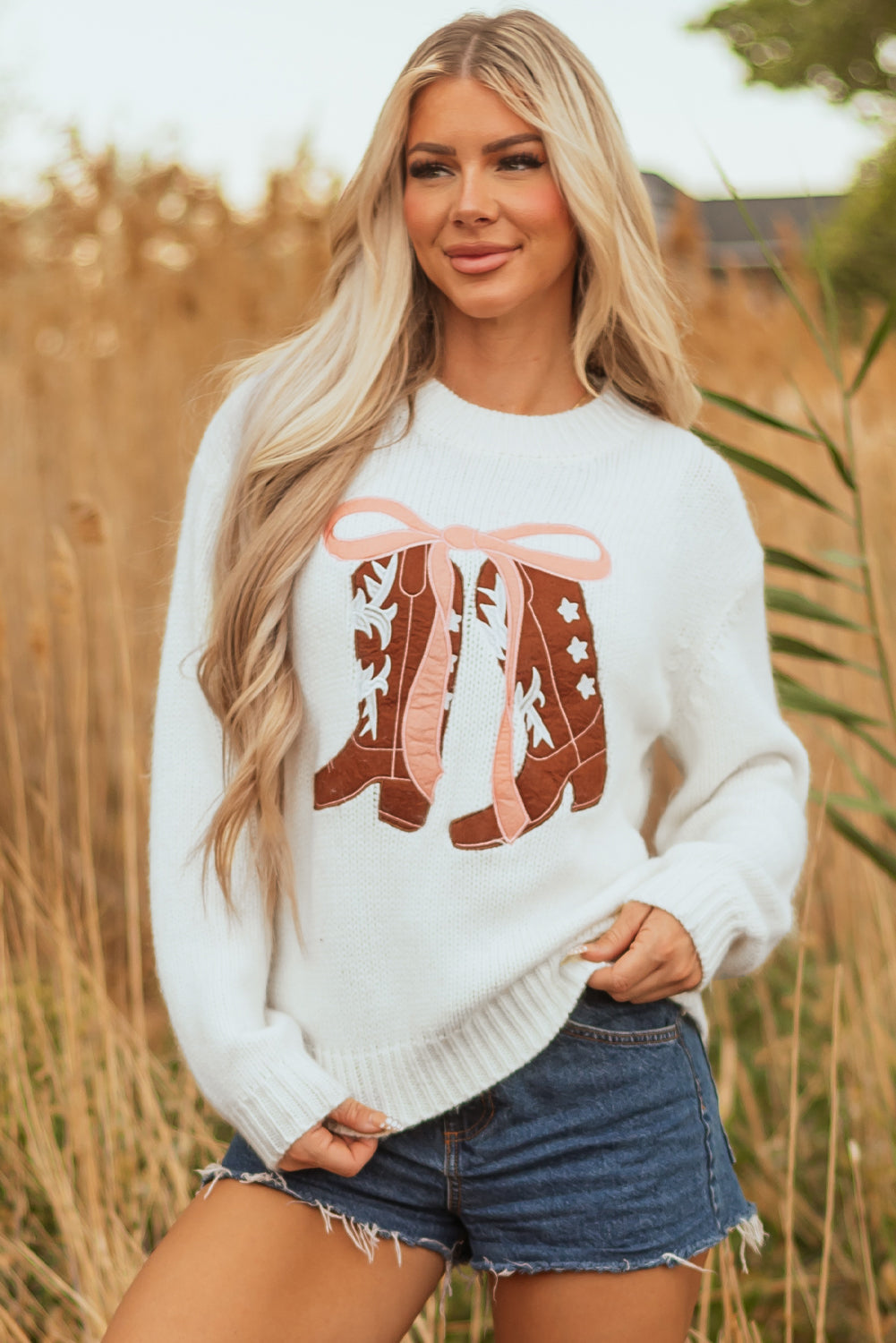 Threaded Pear Amanda Embroidered Bow Boots Sweater