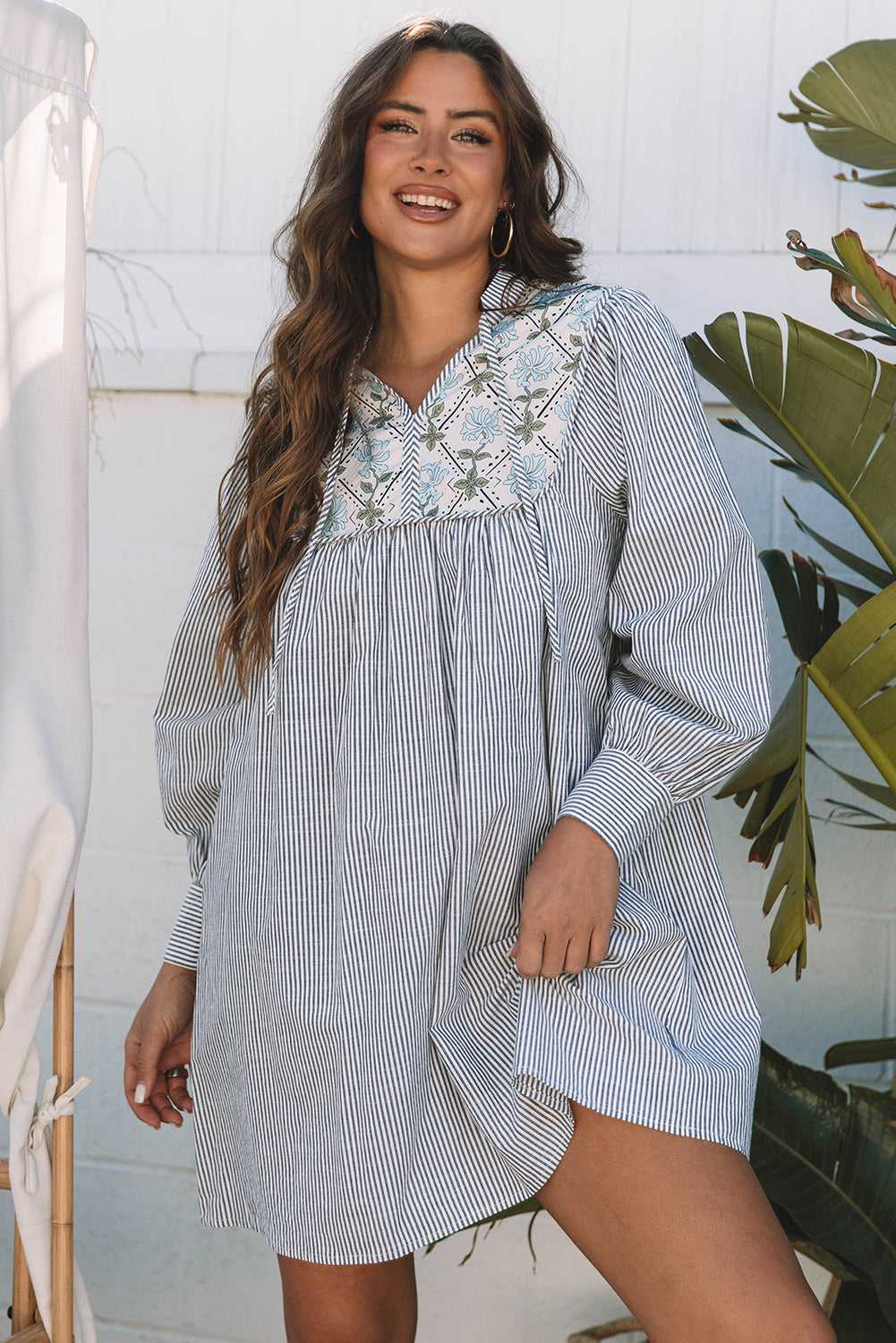 Threaded Pear Aila Stripe Floral Patchwork Tied Mini Dress