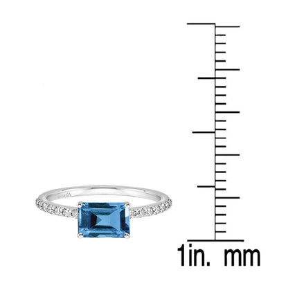 Sterling Silver Emerald Cut Natural London Blue Topaz and White Topaz Engagement Ring