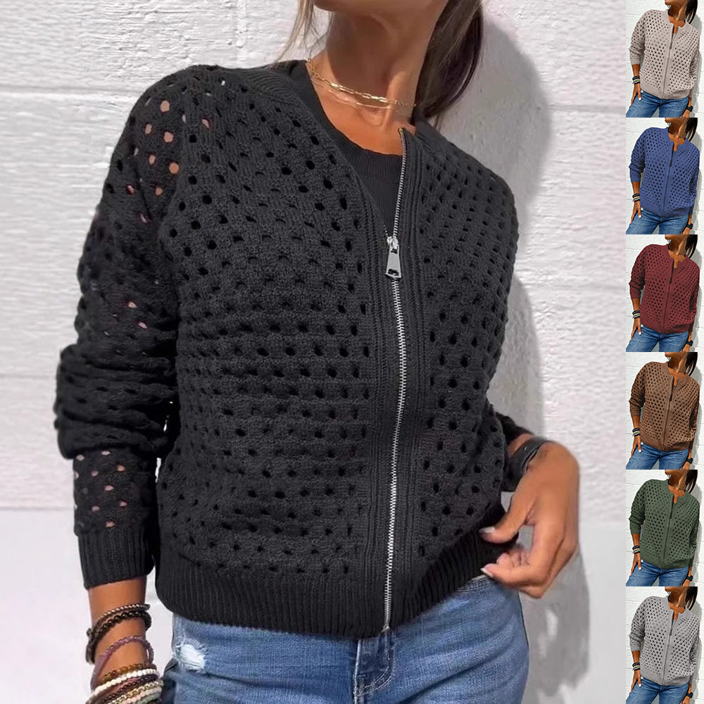 Women’s Fashion Hollow Knitted Zip-Up Jacket | Long-Sleeved Breathable Crochet Top | Trendy Lightweight Knit Cardigan | Modern Urban Layering Jacket for Women