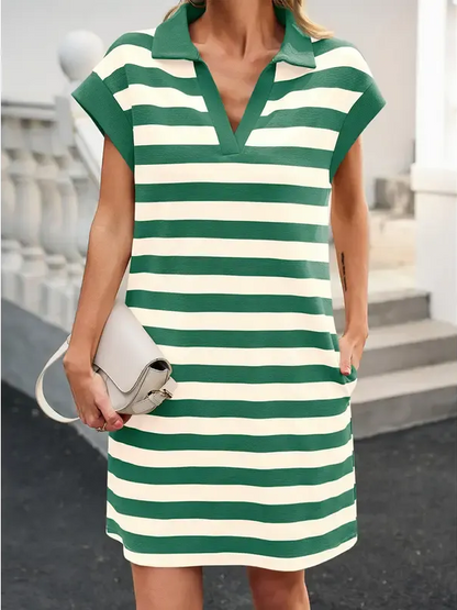 Women's V-neck Striped Short-sleeved Straight Dress