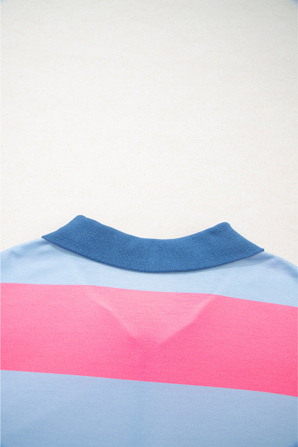 Threaded Pear Blue Stripe Colorblock Patchwork Zip up Plus Size Pullover