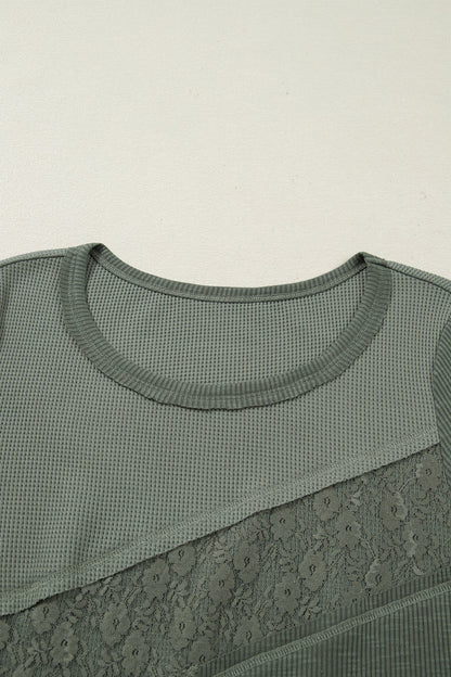 Threaded Pear Miriam Ribbed Lace Patchwork Long Sleeve Top