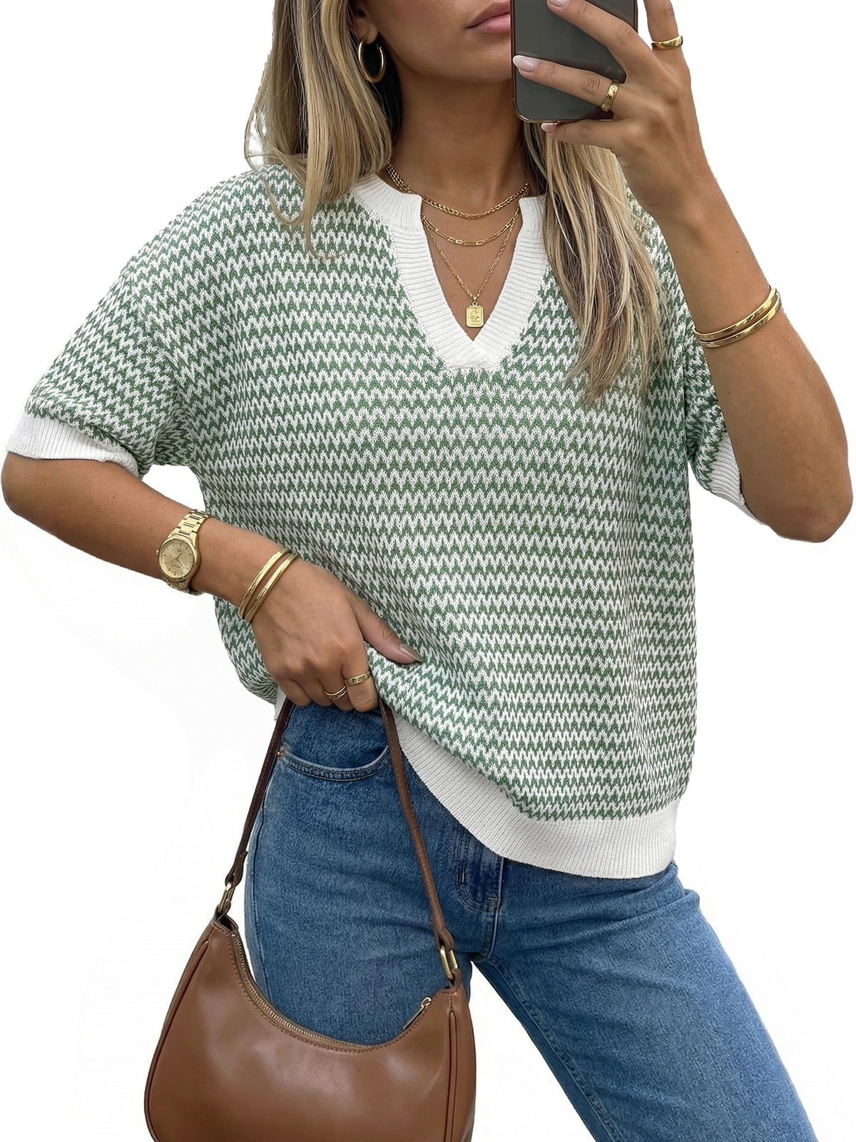 Polo V Neck Striped Short Sleeve Casual Pullover Sweaters Spring SummerVibes