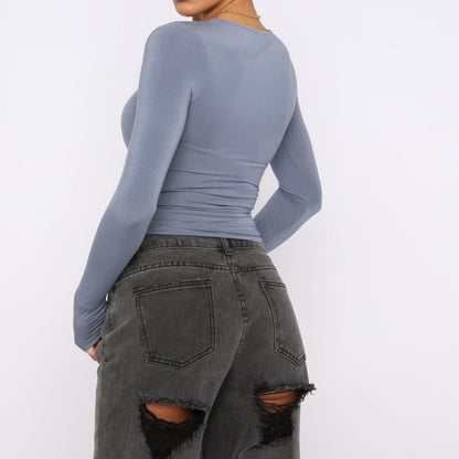 Women’s Fashion Slim-Fit Long-Sleeved Pullover | Elegant Solid Color Casual Fit Shirt | Modern Crew Neck Ribbed Base Layer | Trendy Body-Hugging Autumn Top | 2026 Minimalist Everyday Fashion Staple