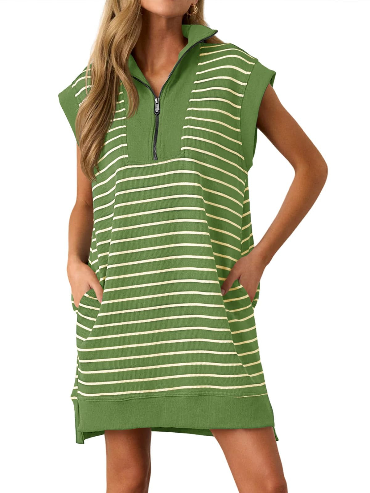 Women's Striped Casual Zipper Cap Sleeve Mini Dress