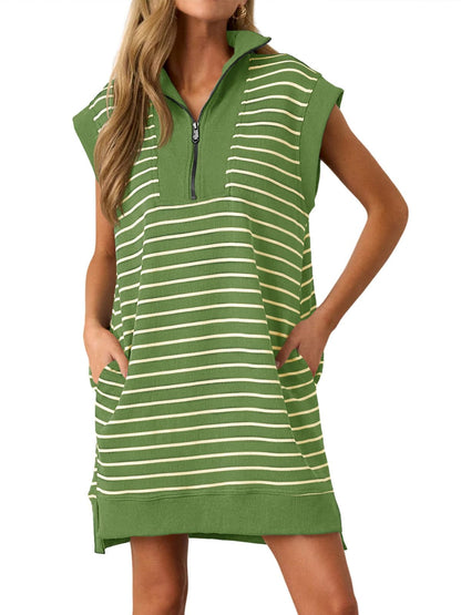 Women's Striped Casual Zipper Cap Sleeve Mini Dress