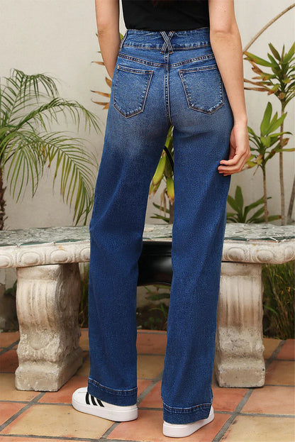 Ashleigh - Blue Double Button Zip Fly Straight Leg Jeans