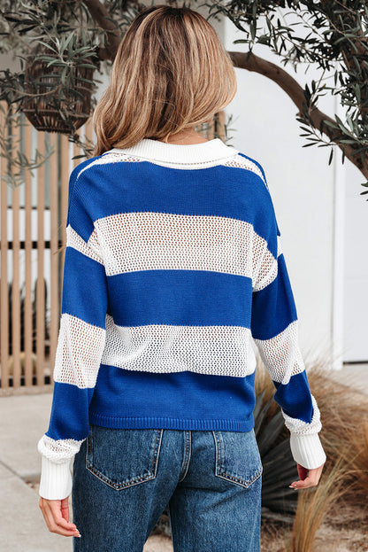 Threaded Pear Genevieve Stripe Collar Eyelet Crochet Knitted Sweater