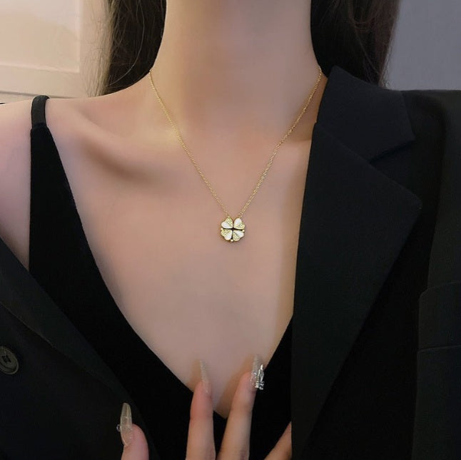 Luxury Four-Leaf Clover Pendant Necklace | Stainless Steel Crystal Heart Jewelry for Women | Lucky Clover Choker with Shimmering Crystals | Elegant Anniversary & Birthday Gift