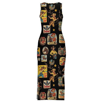 Baha Ranch Vintage Cowgirl Collage Sleeveless Bodycon Side Slit Long Dress