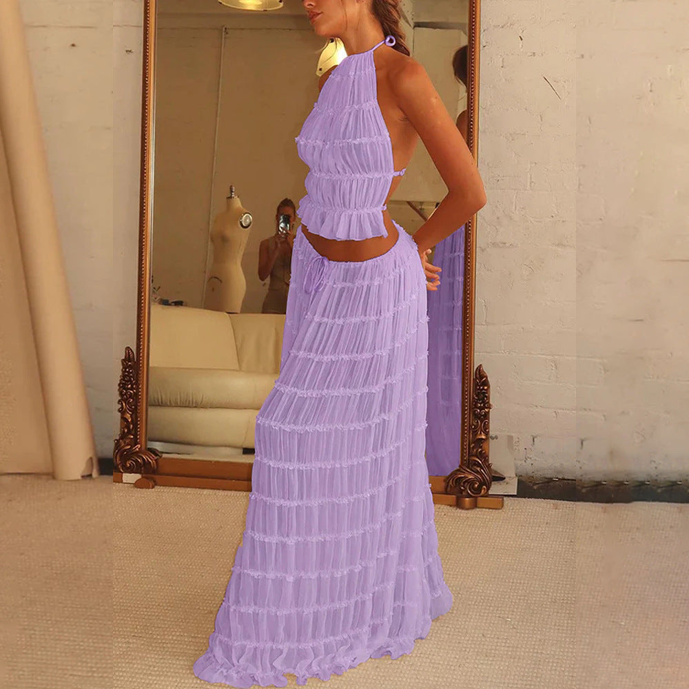 2pcs Women's Dress Suit Sleeveless Backless Cropped Halter Top And Pleated Long Skirt Beach Clothing
