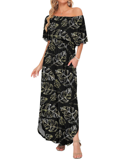 Women's Off Shoulder Floral Maxi Dress with Pockets & Slit