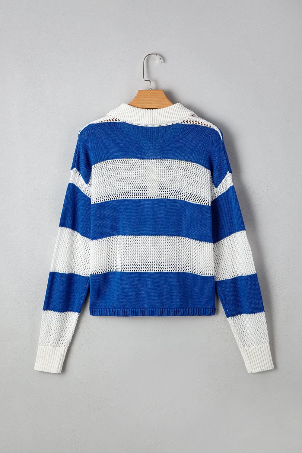 Threaded Pear Genevieve Stripe Collar Eyelet Crochet Knitted Sweater