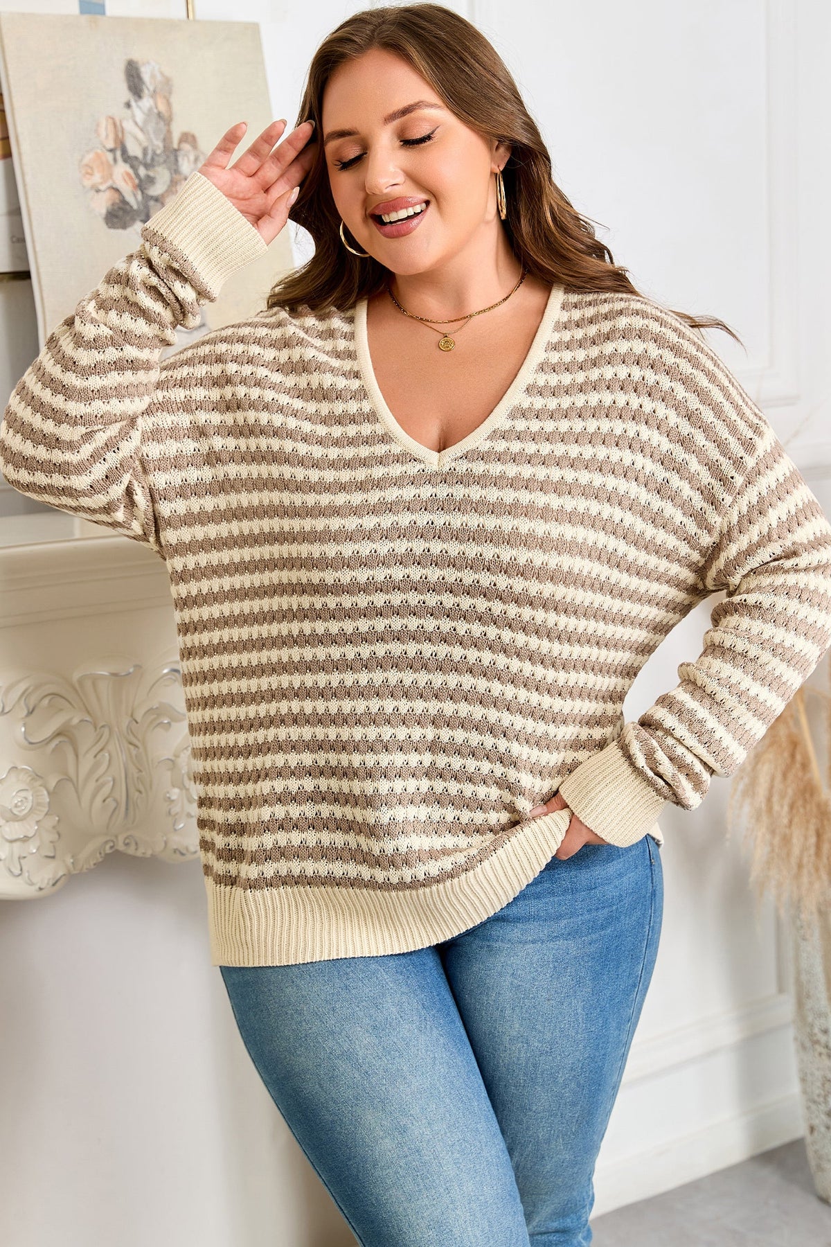 Threaded Pear Emory Stripe Drop Shoulder PLUS Sweater