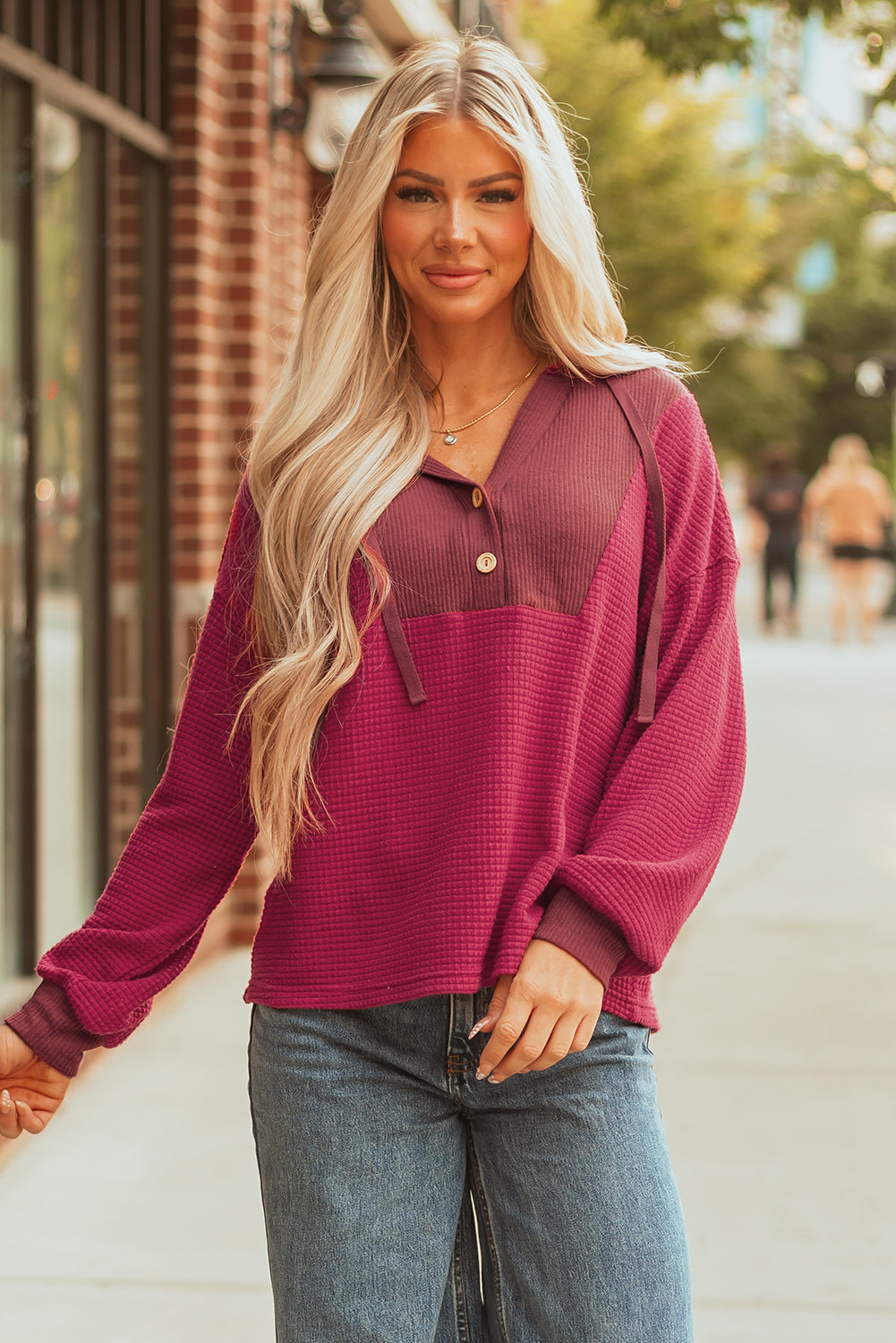 Threaded Pear River Waffle Hooded Long Sleeve Top