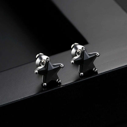 Black Crystal & Silvertone Star Stud Earrings