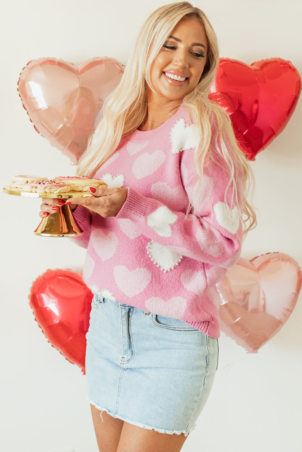 Threaded Pear Pearled Heart Valentines Sweater