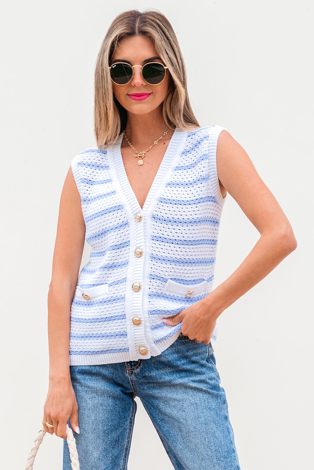Threaded Pear Veda V Neck Gold Buttons Elegant Sweater Vest