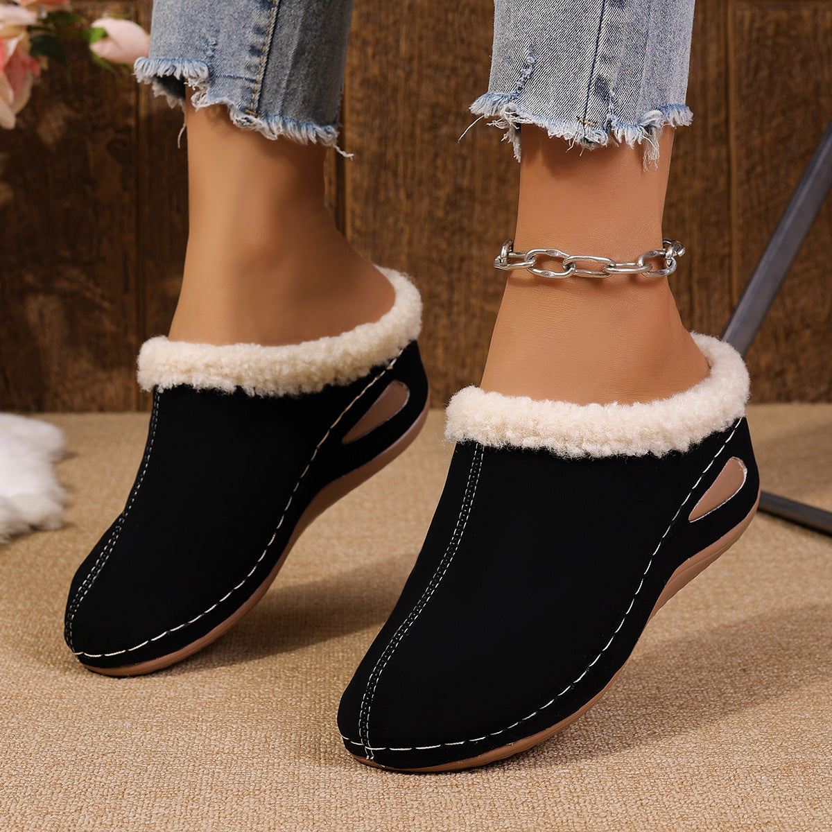 Fashion Plush Outdoor Wedge Sandals | Women’s Warm Garden Clogs & Slippers | Platform Fur-Lined Winter Garden Shoes | Non-Slip Lightweight Comfort Wedges for Women