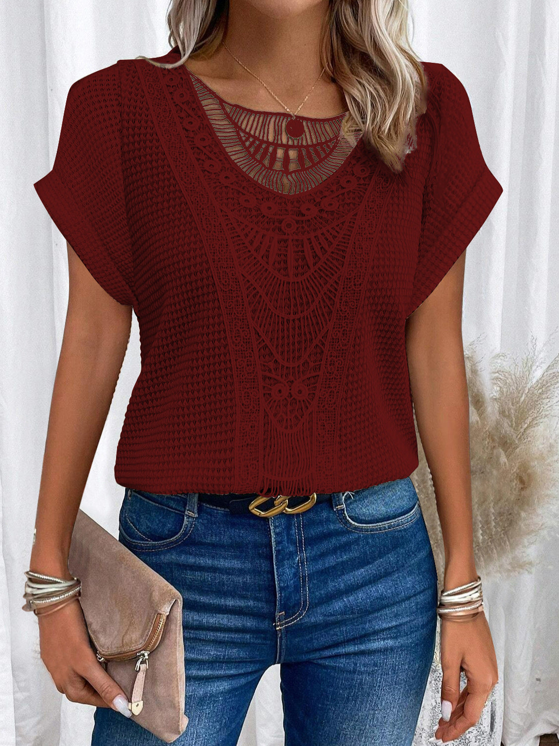 Women’s Summer Hollow-Out T-Shirt | Fashion Ethnic Style Short-Sleeved Top | Elegant Embroidered Lace Knit Blouse | Trendy Minimalist Breathable Summer Clothing | 2026 High-Fashion Artisan Ethnic Top