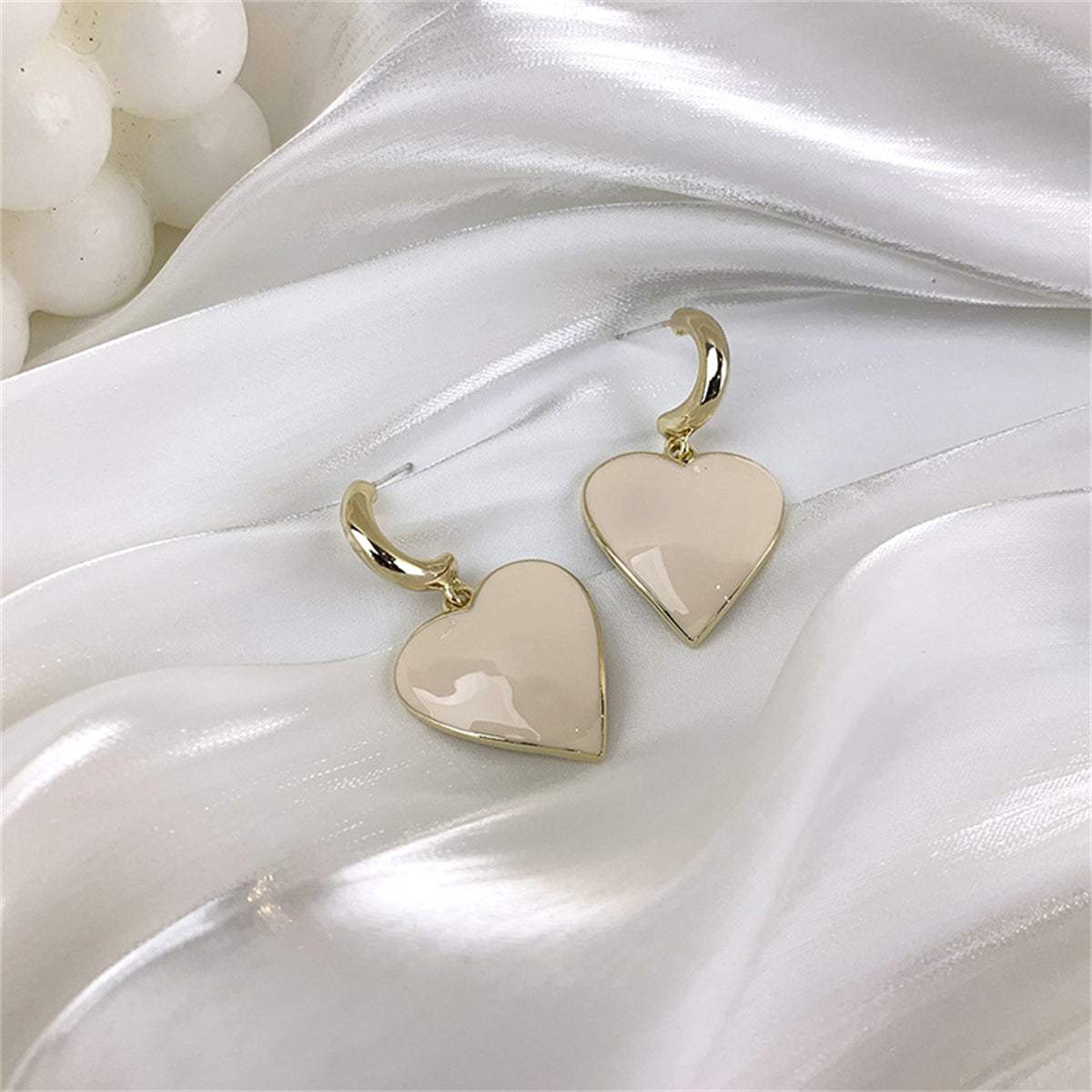 Beige Enamel & Goldtone Heart Drop Earrings