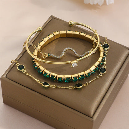 Women’s 4Pcs Green Grandmother Diamond Bracelet Set | High-Sense Emerald Stretch Bracelet Suit | Trendy Minimalist Multi-Layer Jewelry | Luxury-Label Statuesque Evening Accessories | 2026 High-Fashion Radiant Wristwear