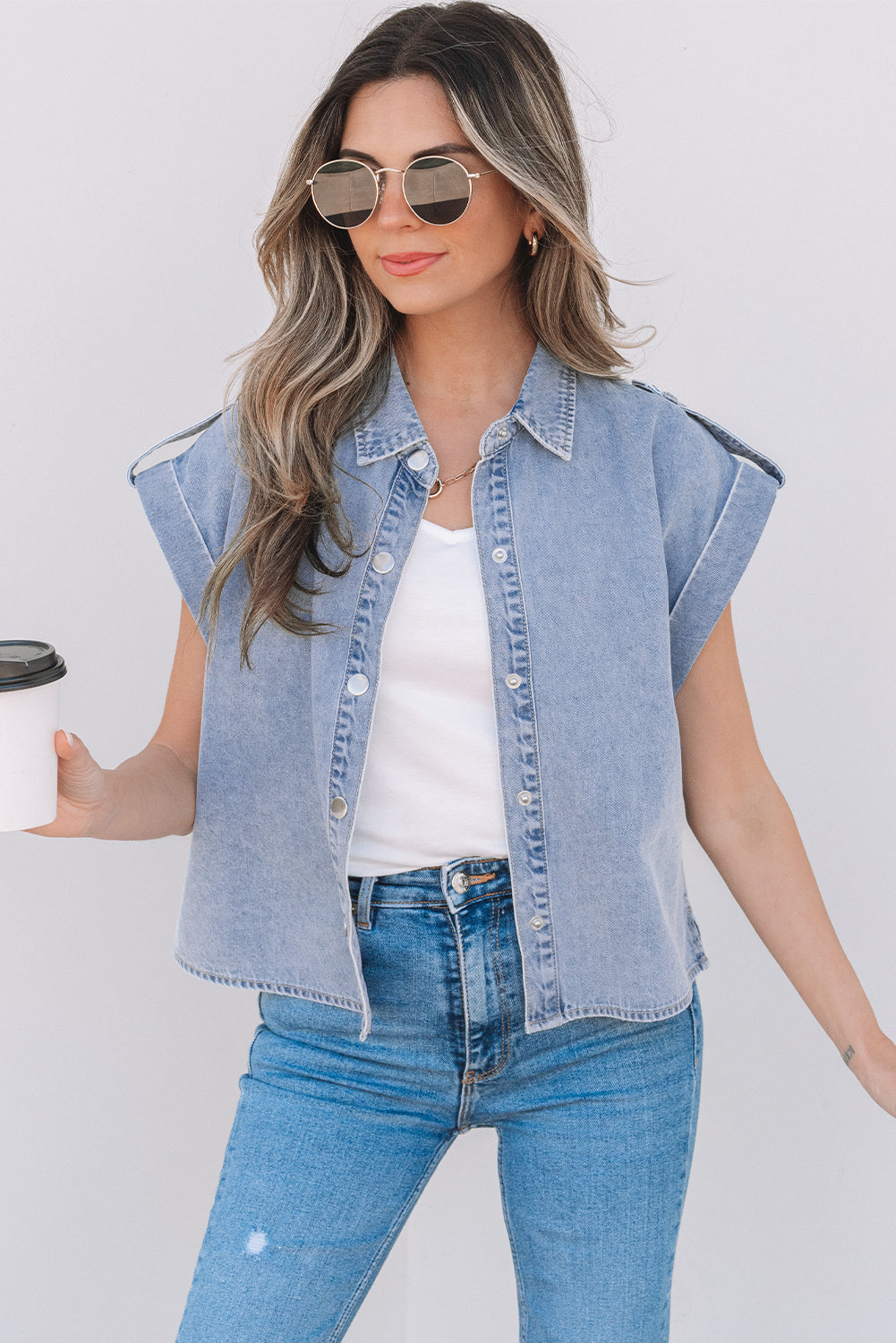Threaded Pear Emelia Denim Pinup Folded Cap Sleeve Shirt