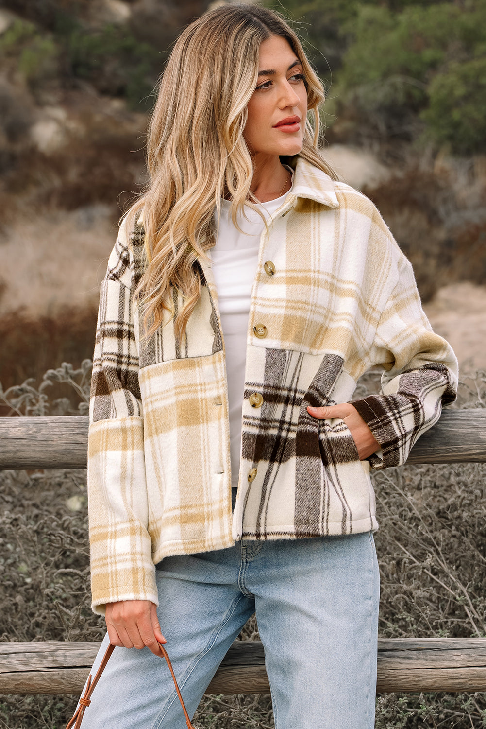 Threaded Pear Julinique Plaid Patchwork Side Shacket