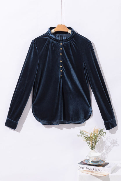 Threaded Pear Gwynn Frilled Neck Buttoned Front Velvet Top