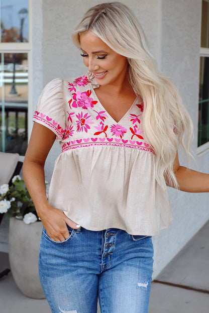 Threaded Pear Jaliyah Floral Embroidered Notched V Neck Blouse