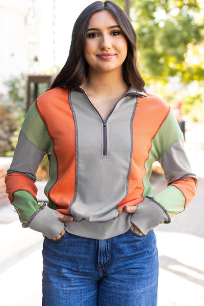 Threaded Pear Lilah Block Stitching Half Zipper Sweatshirt