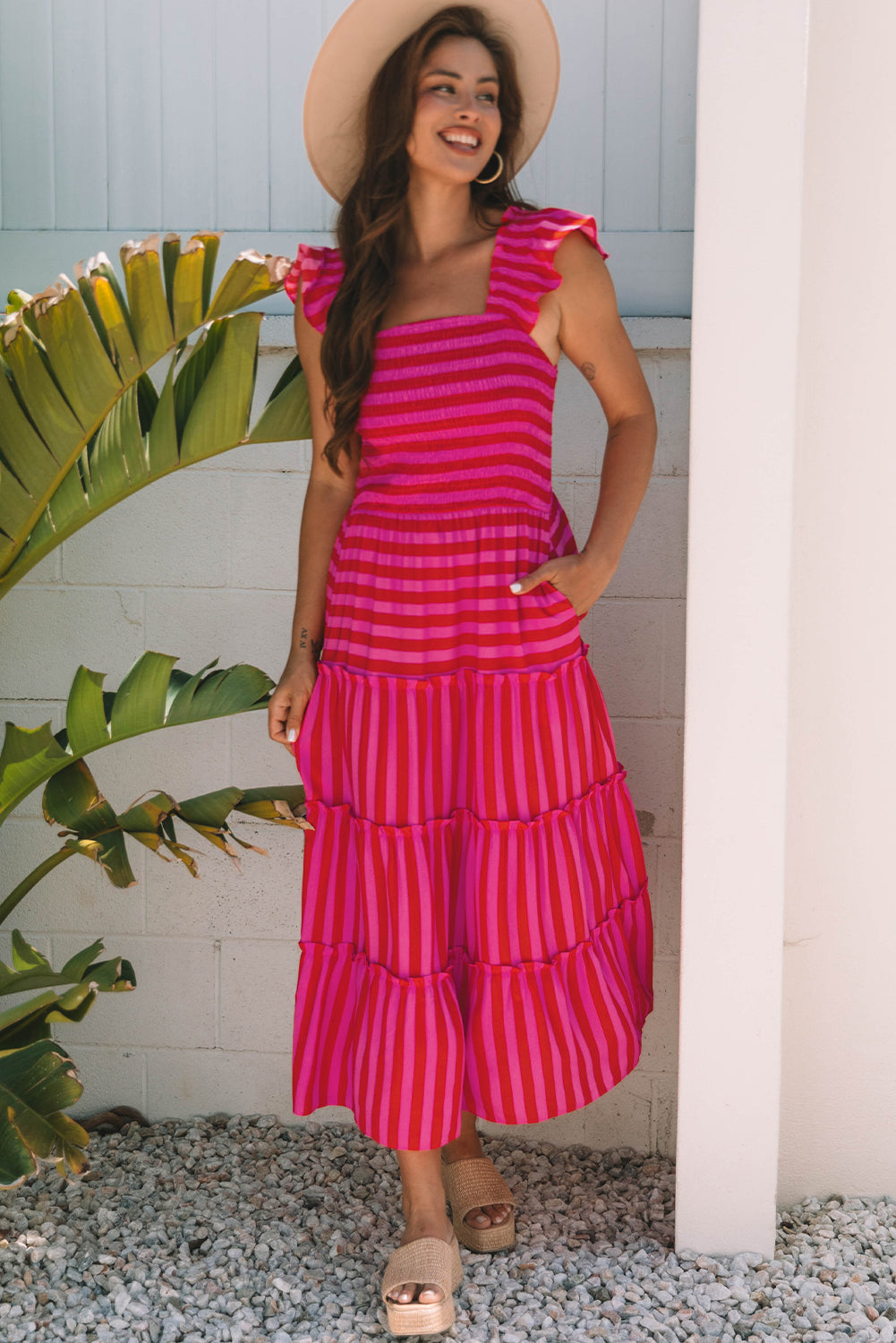 Threaded Pear Arisbeth Stripe Flutter Sleeve Maxi Dress