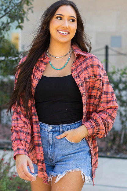 Threaded Pear Plaid Long Sleeve Side Split Distressed Shirt