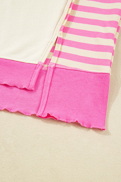 Threaded Pear Pink Stripe Contrast Polo Collar Drop Shoulder Patchwork Plus Size Pullover