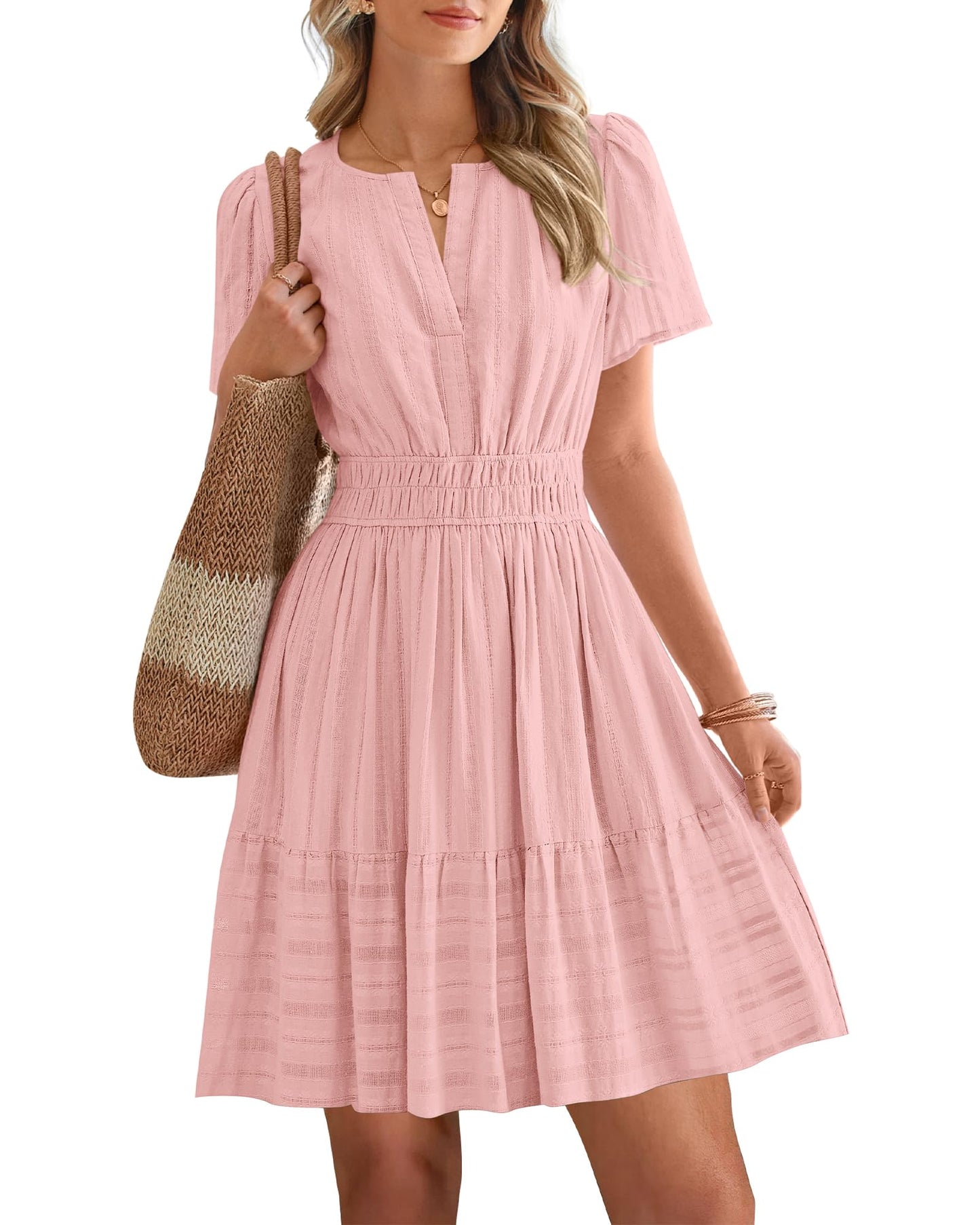 Women's V-Neck Elastic Waist Tiered Mini Dress