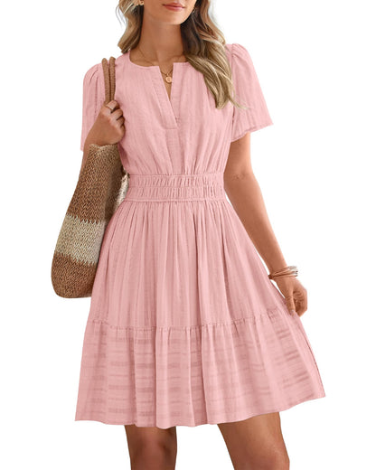 Women's V-Neck Elastic Waist Tiered Mini Dress