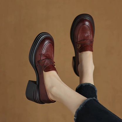 Women’s Vintage Chunky Heeled Leather Shoes | Luxury Square-Toe Block Heel Pumps | Elegant Professional Work Shoes for Women | Trendy Retro High-Heel Loafers | 2026 High-Fashion Durable Leather Footwear