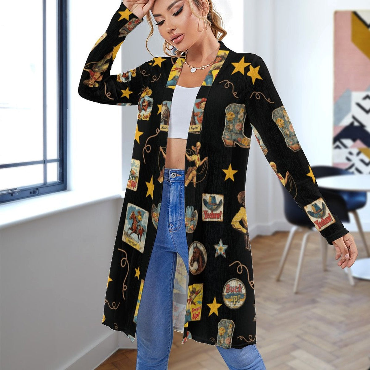 Baha Ranch Vintage Cowgirl Collage Western Lightweight Cardigan