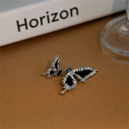 Black Crystal & Enamel Silvertone Butterfly Mismatched Stud Earrings