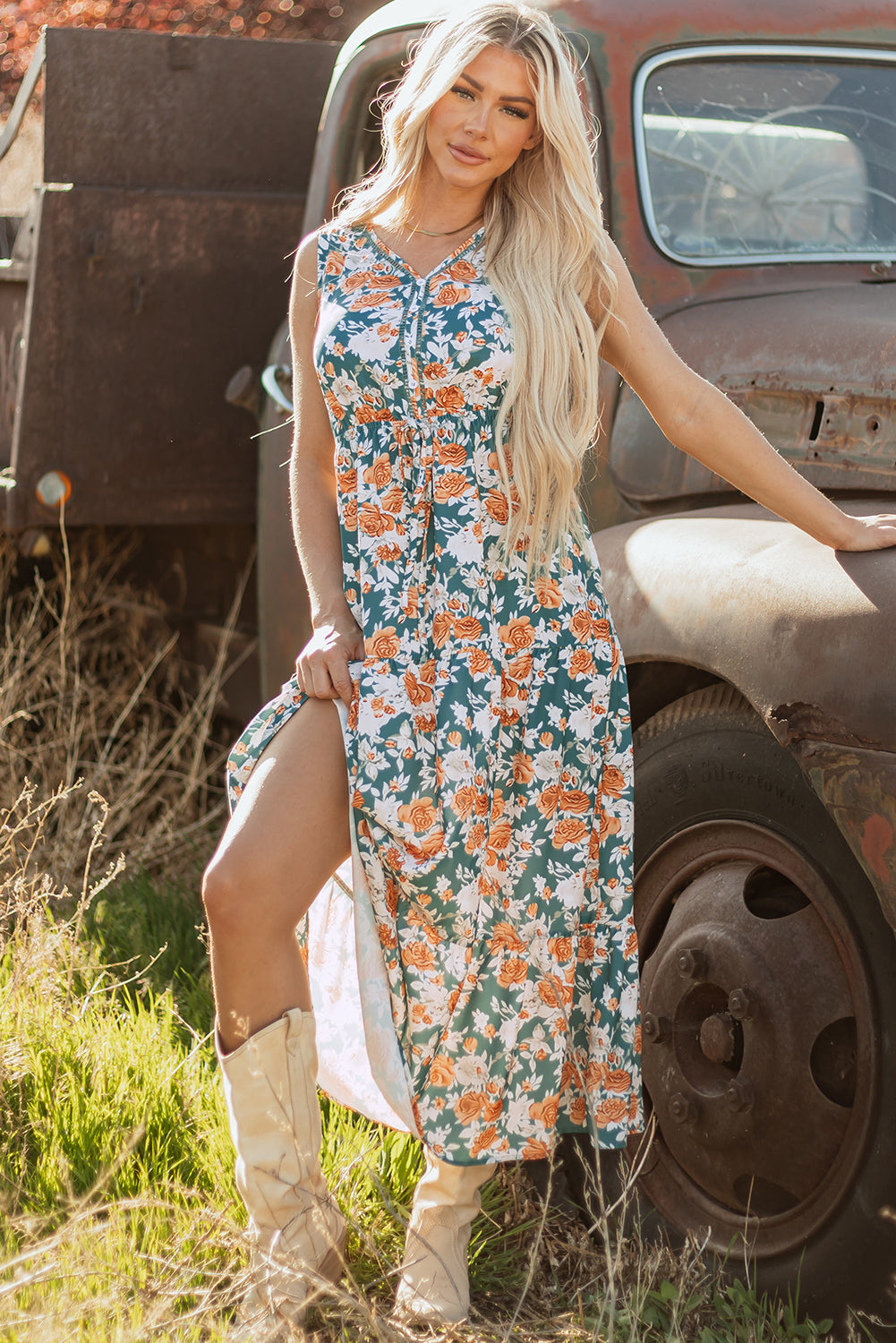 Threaded Pear Kara Floral Tie Waist Sleeveless Holiday Long Dress