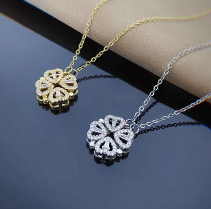 Magnetic Folding Heart-Shaped Clover Necklace | 2-in-1 Four-Leaf Clover & Heart Pendant | High-Sense Love Clavicle Chain | Trendy Openable Heart Choker Gift | 2026 High-Fashion Transformative Women’s Jewelry