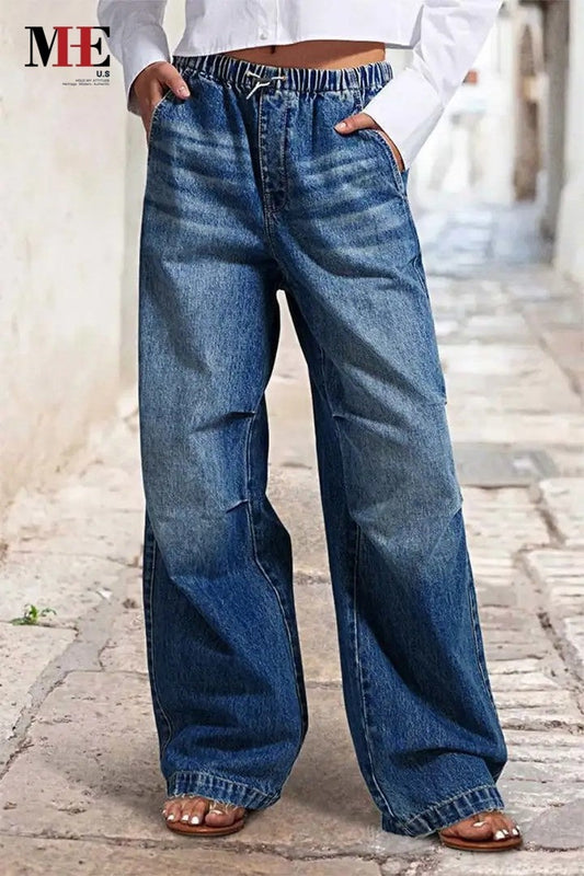 Women’s Premium Jeans T199 | High-Sense Deep Blue Straight-Leg Denim | Elegant Mid-Rise Women's Trousers | Trendy Sculpted Fit Casual Jeans | 2026 High-End Denim Collection