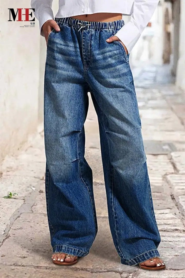 Women’s Premium Jeans T199 | High-Sense Deep Blue Straight-Leg Denim | Elegant Mid-Rise Women's Trousers | Trendy Sculpted Fit Casual Jeans | 2026 High-End Denim Collection
