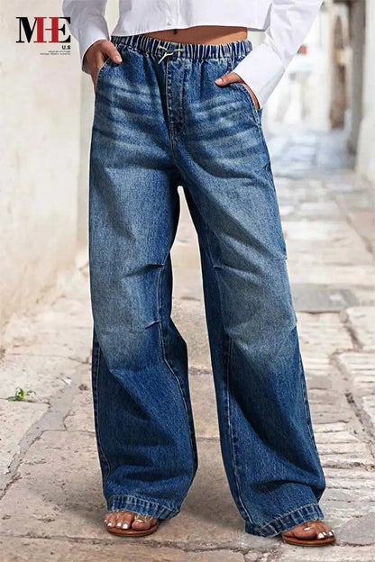 Women’s Premium Jeans T199 | High-Sense Deep Blue Straight-Leg Denim | Elegant Mid-Rise Women's Trousers | Trendy Sculpted Fit Casual Jeans | 2026 High-End Denim Collection