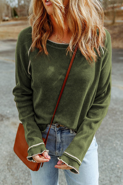 Threaded Pear Daisy Textured Round Neck Long Sleeve Top